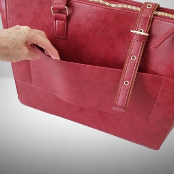 NWT! Burgundy Faux Leather Tote Bag w/Laptop Divider & Luggage Strap - Picture 11 of 14